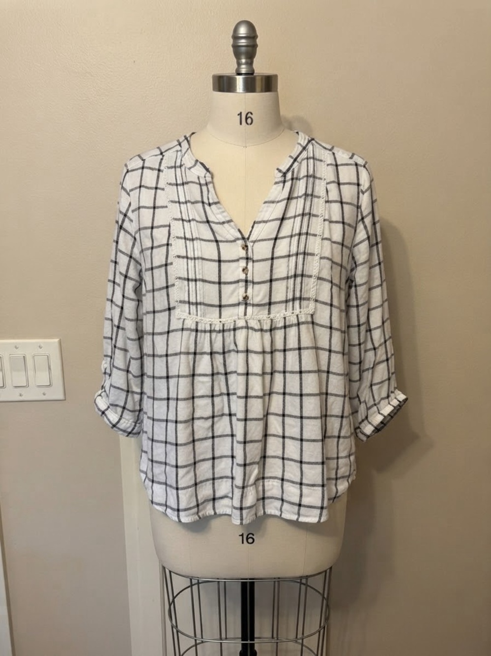Wrangler White Windowpane Plaid Peasant Tunic